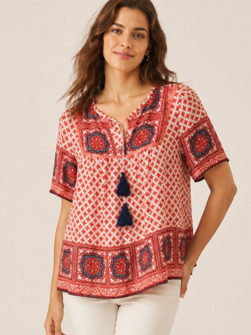 Knox Rose Size M Boho Red Paisley Tassel Tie Peasant Blouse Fringe Trim